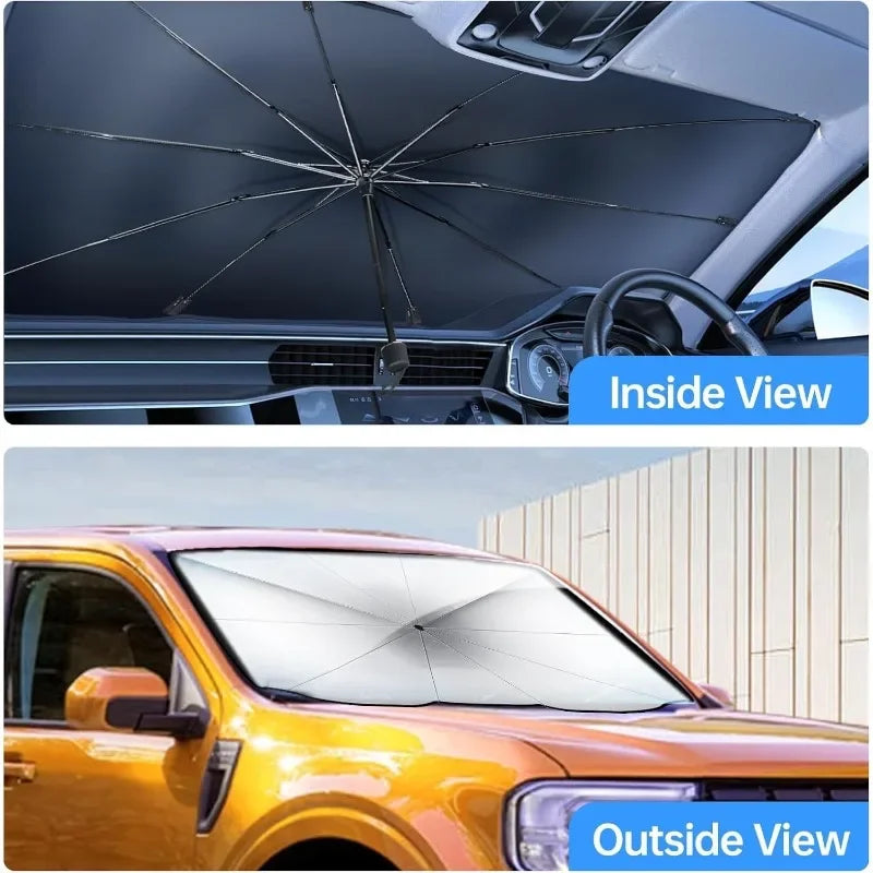 Innen- und Außenansichten einer faltbaren Auto-Windschutzscheibe-Sonnenschutzfolie.
