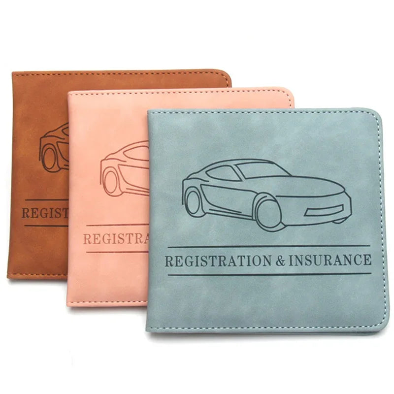 Three leather document holders in brown, pink, and blue shades featuring a car silhouette design.