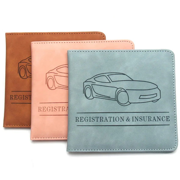 Three leather document holders in brown, pink, and blue shades featuring a car silhouette design.