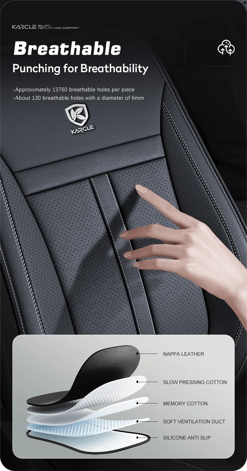 Close-up of breathable stitching on a dark car seat cover demonstrating the fabric layers.
