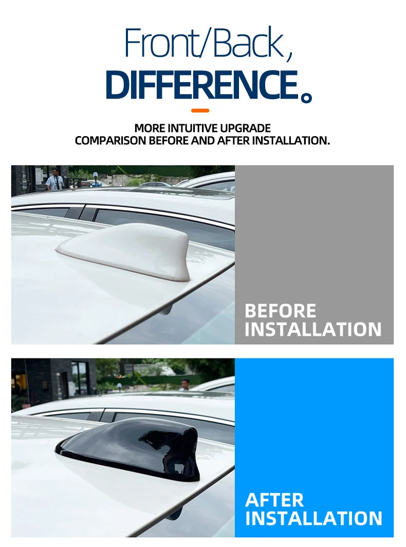 Comparison showing a car's roof antenna before and after installation.