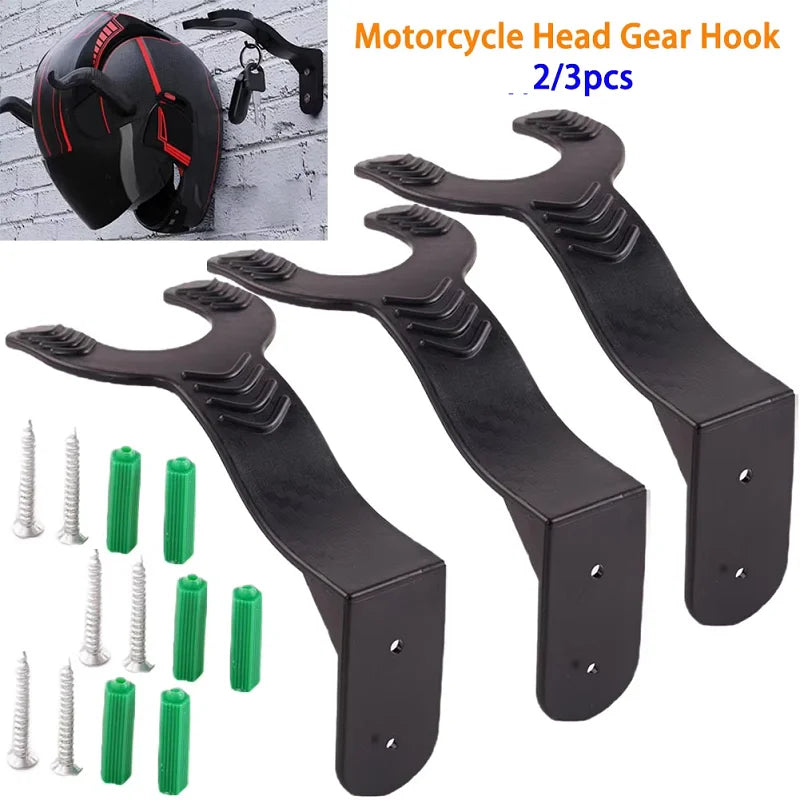 Set of three motorcycle head gear hooks and various sized metal hooks for wall mounting
