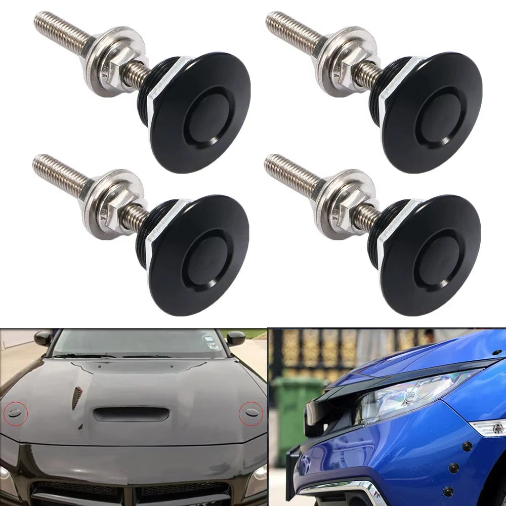 Set of universal car hood pin locks for securing vehicle hoods.