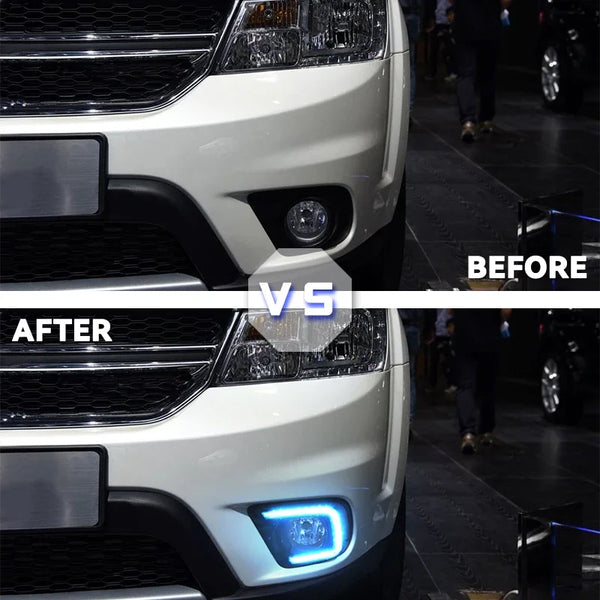 Before and after comparison of dual LED daytime running lights on a white Dodge or Fiat vehicle.