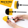 A yellow and black cleaning brush set is shown being used to clean a surface.