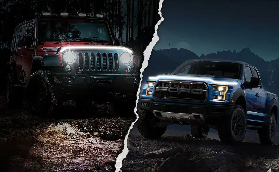 Image divisée montrant un Jeep et un pick-up Ford avec des bandes lumineuses LED dynamiques sur le capot.