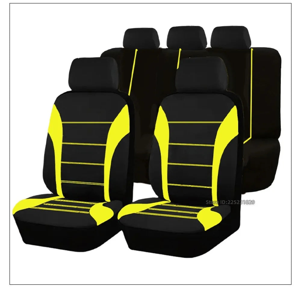 Black seat and cushion covers with yellow accents shown in a row.