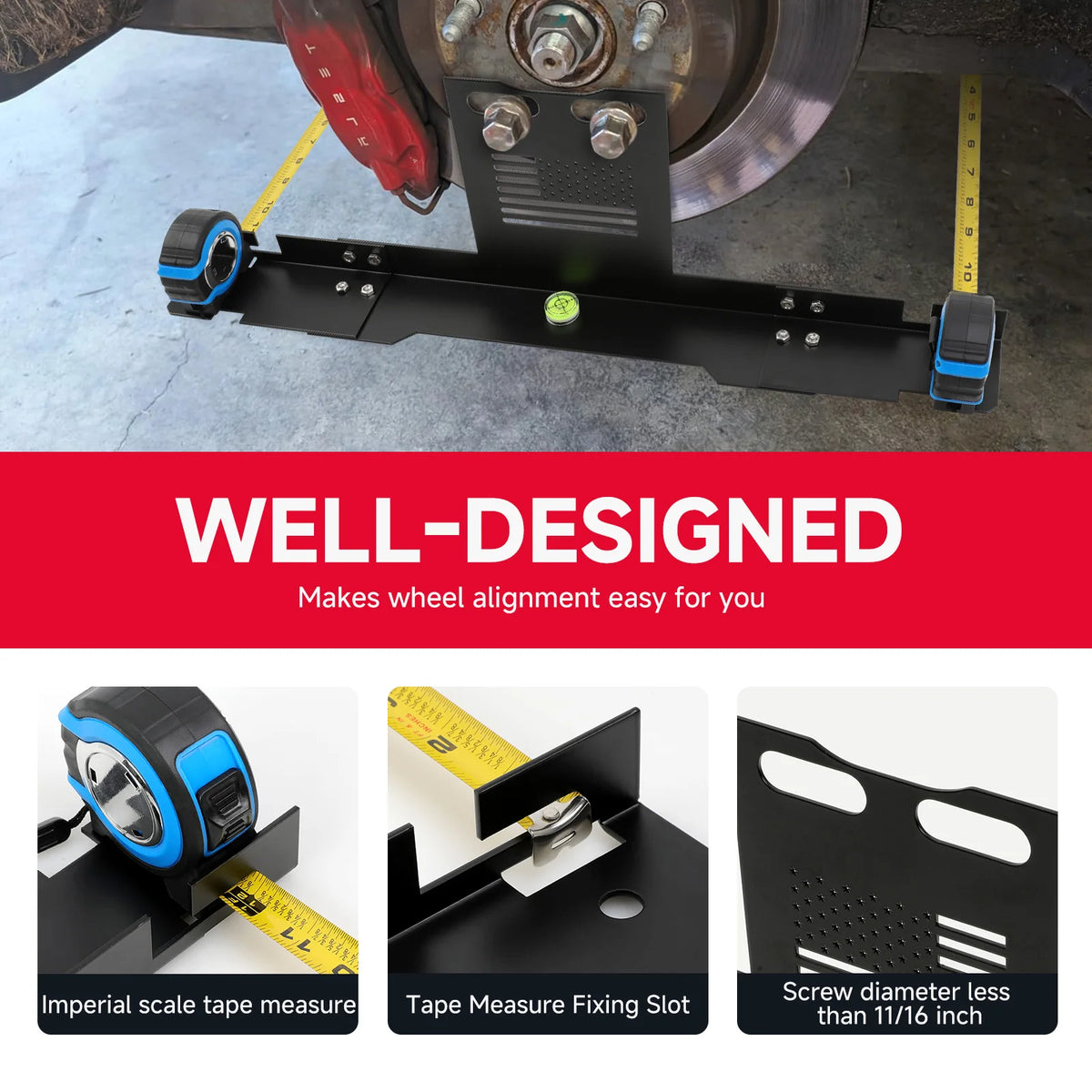 A black wheel alignment tool kit is shown with a mounting plate and a tape measure for easy vehicle alignment.