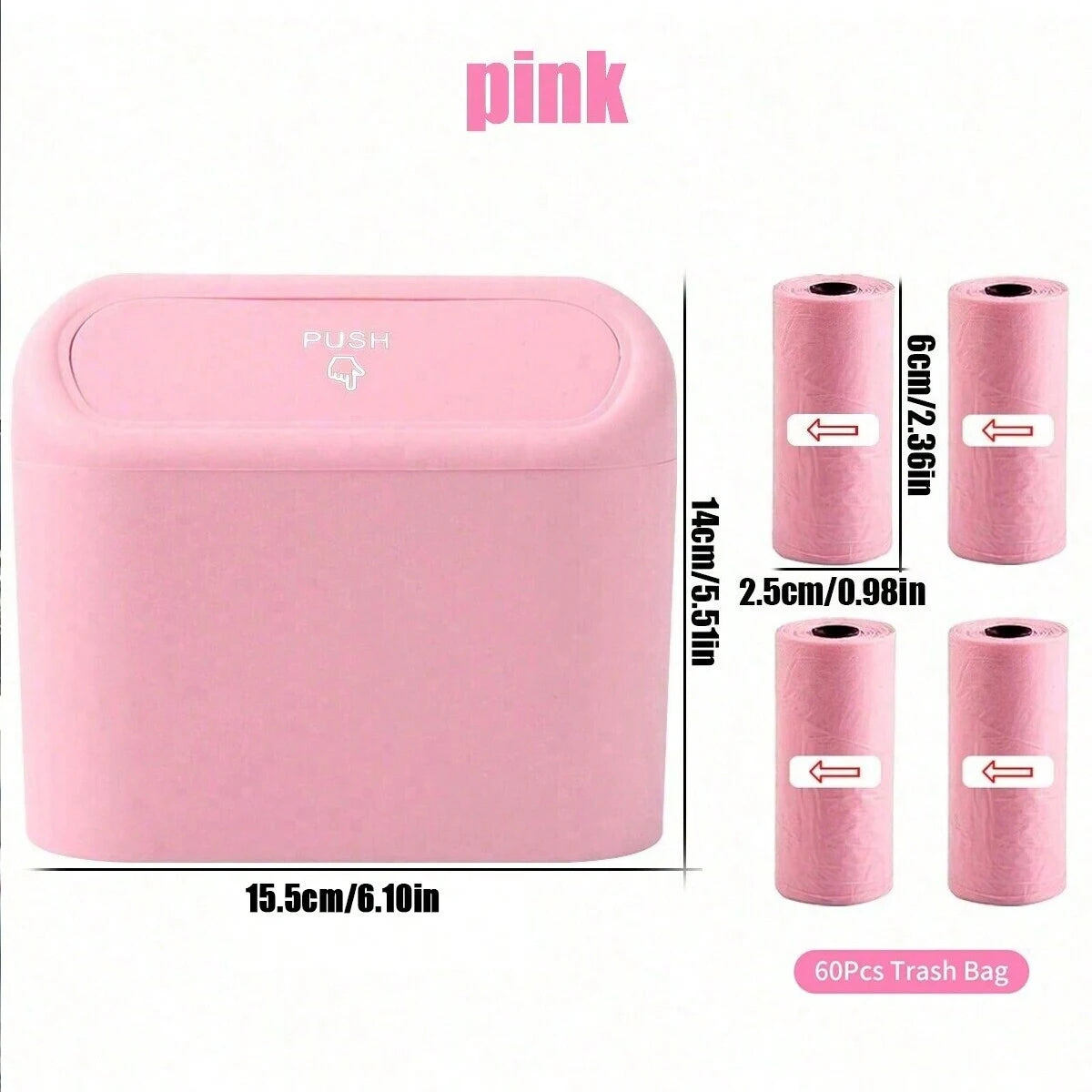 Pink portable car trash can with a hanging lid and roll-up bags for trash disposal