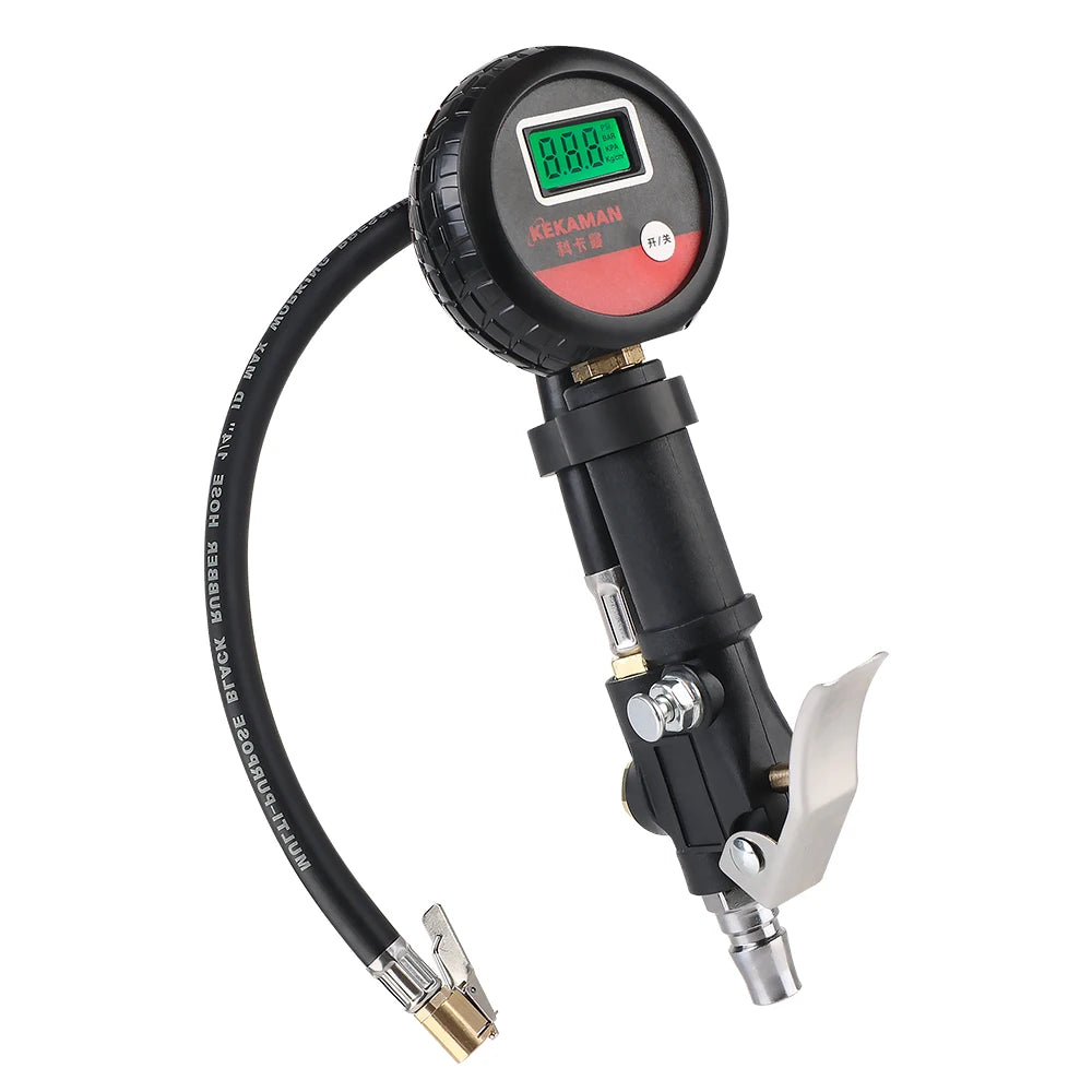 A black digital tire pressure gauge with an LCD display and a flexible hose connector.