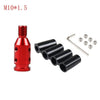 A red and black gear shift knob adapter with a threaded top and several small metal pins is shown.