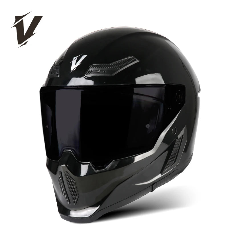 Casco de motocicleta negro DOT aprobado con pantalla completa, mostrado contra fondo blanco.
