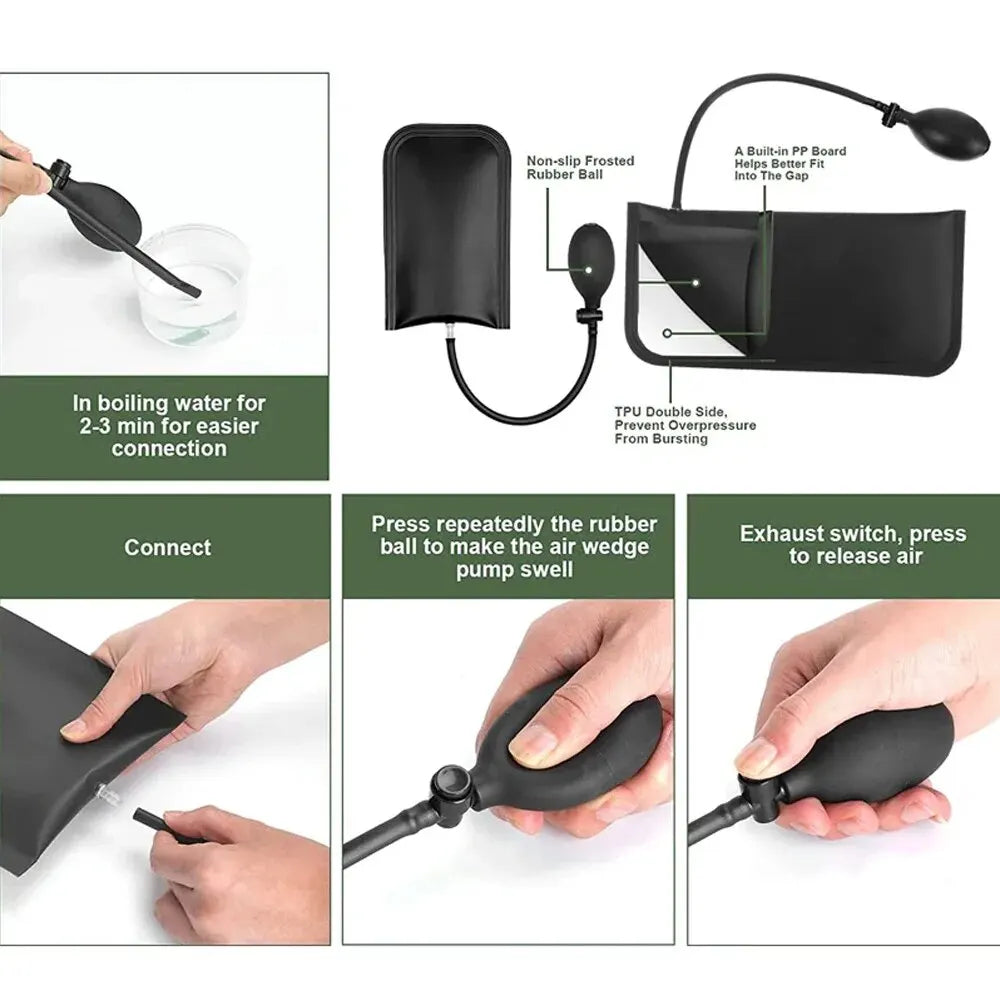 A set of tools for car door repair and alignment, including a rubber ball and an exhaust switch.