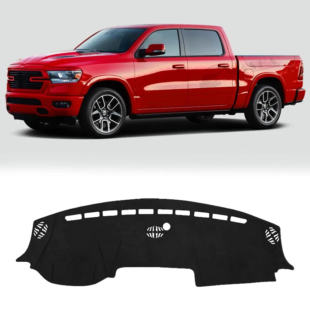 A red Dodge Ram pickup truck with a custom fit black dashboard mat installed.