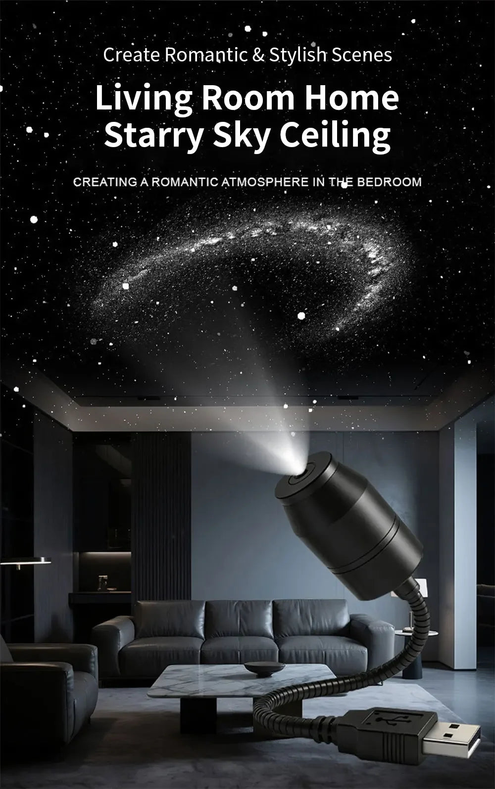 Ein Beamer wirft ein Sternenhimmelmuster auf die Decke in einem Wohnzimmer.
