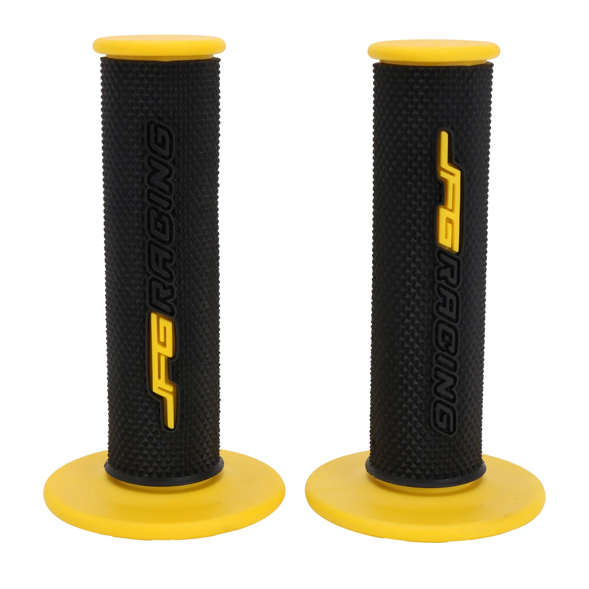 A pair of black and yellow motorcycle handlebar grips for dirt bikes.