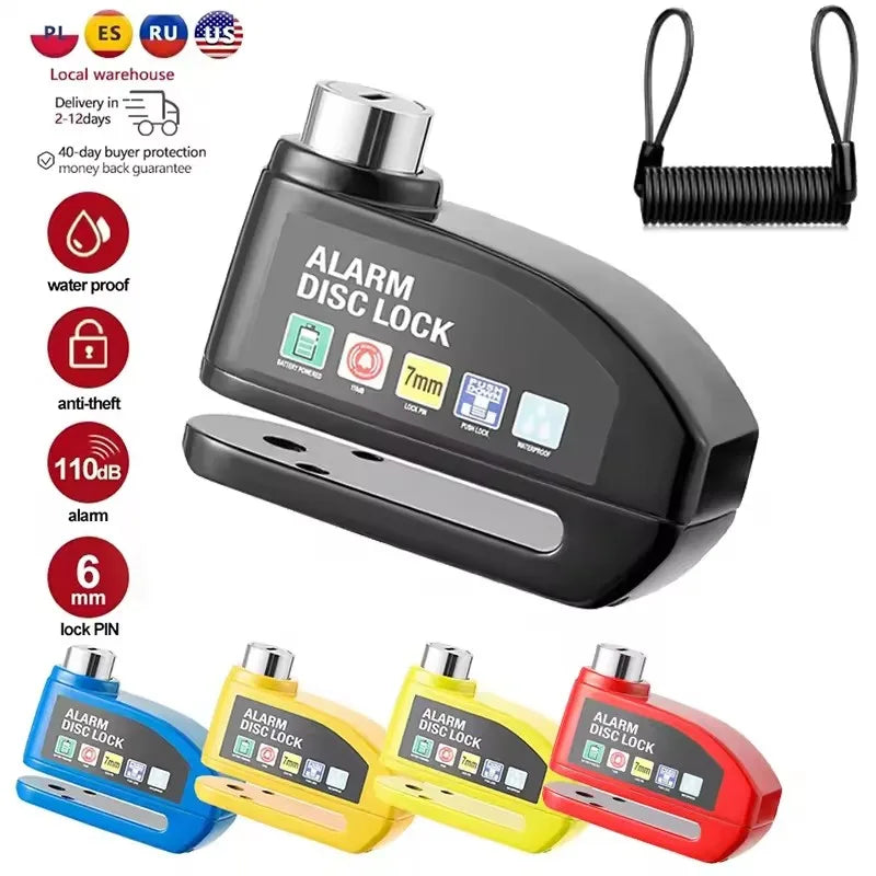 A set of heavy-duty alarm disc locks in various colors including black, yellow, and red.