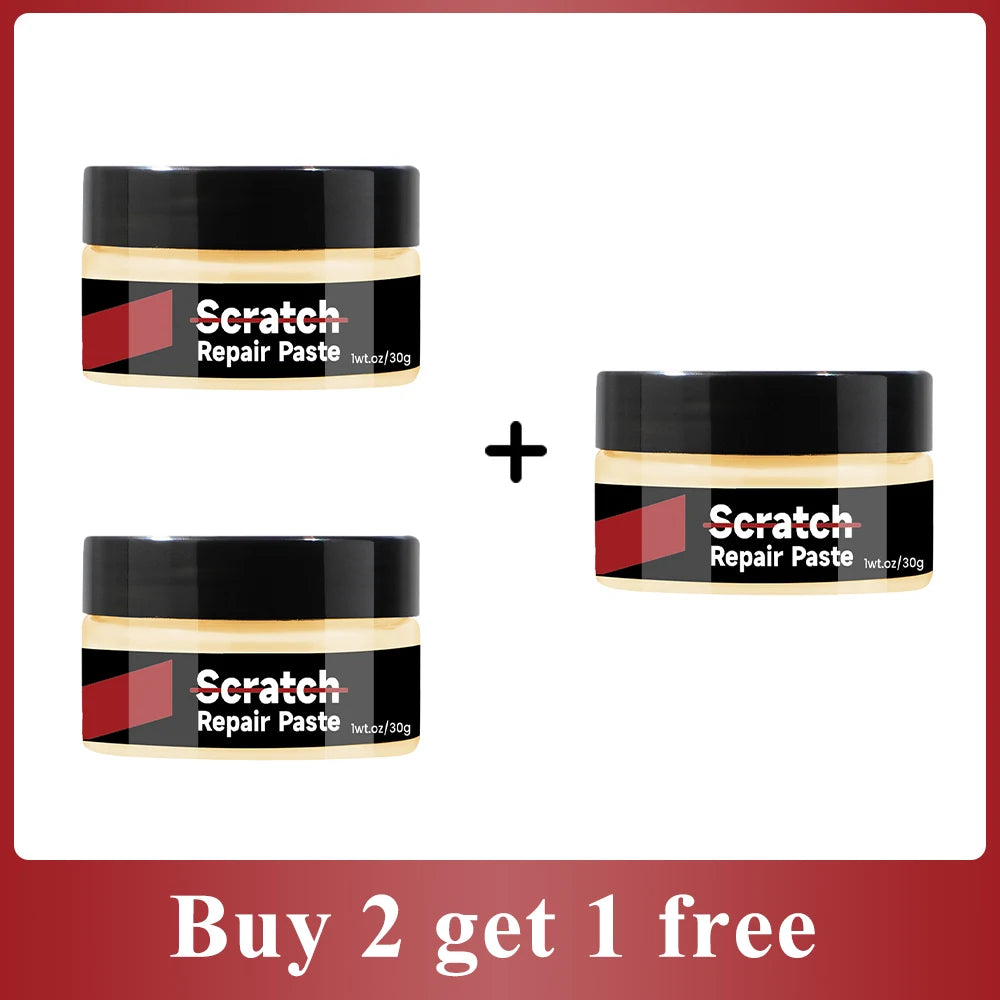 Two jars of Scratch Repair Paste shown with a plus sign indicating a buy two get one free offer.