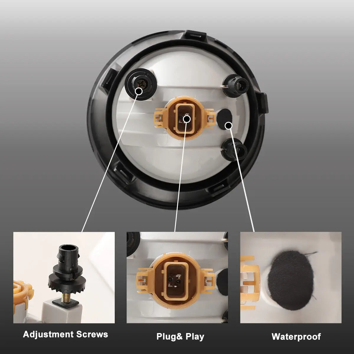 Diagram showing the components of a fog light assembly kit including adjustment screws, plug and play connector, and waterpro
