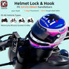 A close-up of a black helmet lock and hook mechanism fitted onto a motorcycle handlebar.