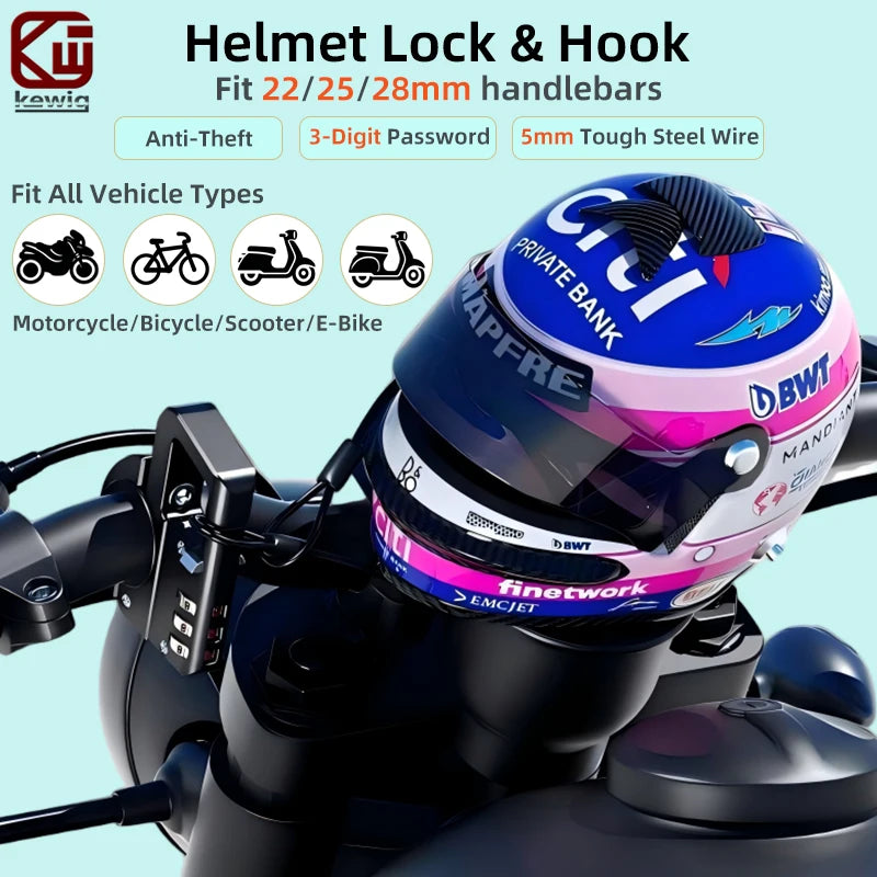 A close-up of a black helmet lock and hook mechanism fitted onto a motorcycle handlebar.