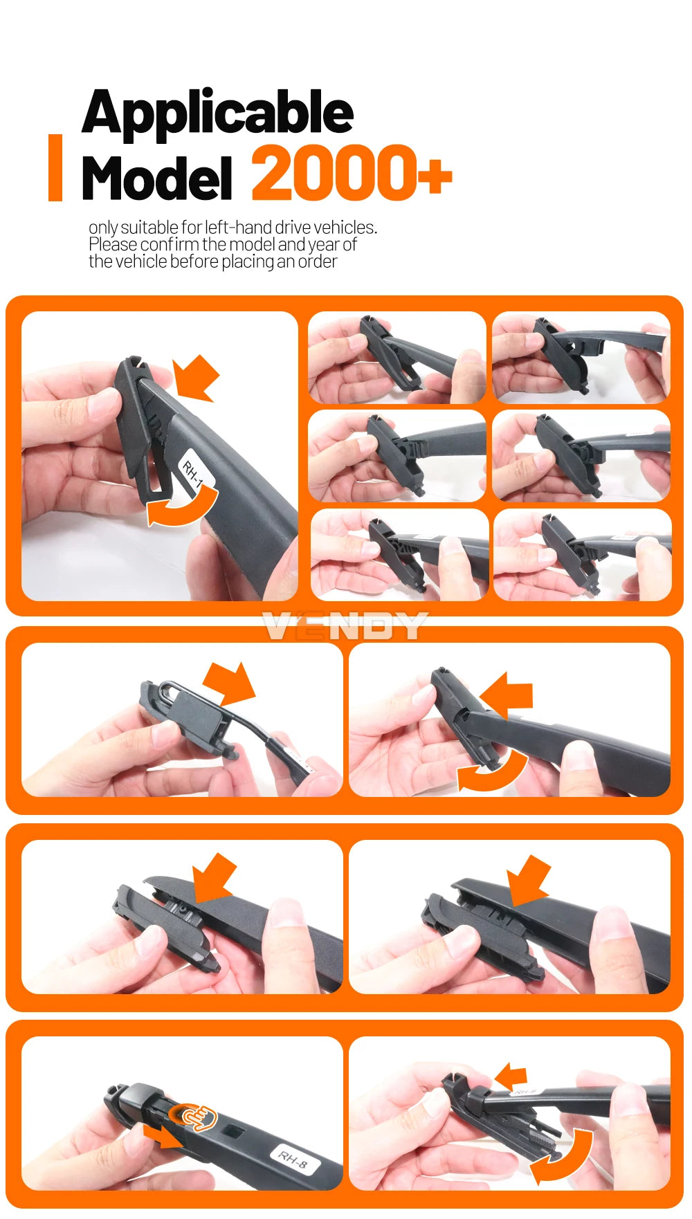 Close-up images showing various universal windshield wiper blades for different vehicles, including a Dodge Durango.