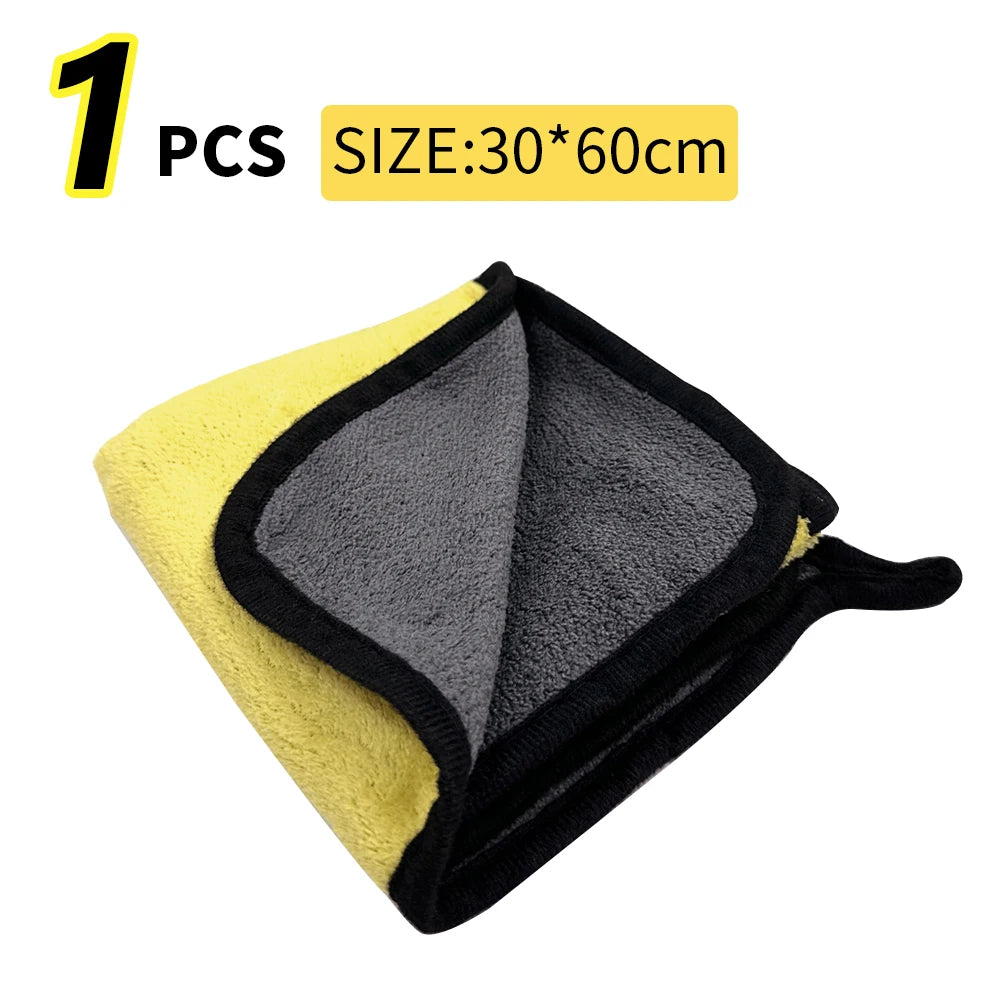 One pack of three yellow and black microfiber car washing towels, size 30x60cm.