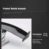 A close-up view of a black carbon fiber rear car spoiler wing component.
