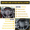 Before and after comparison of a steering wheel trim cover installation on a vehicle.