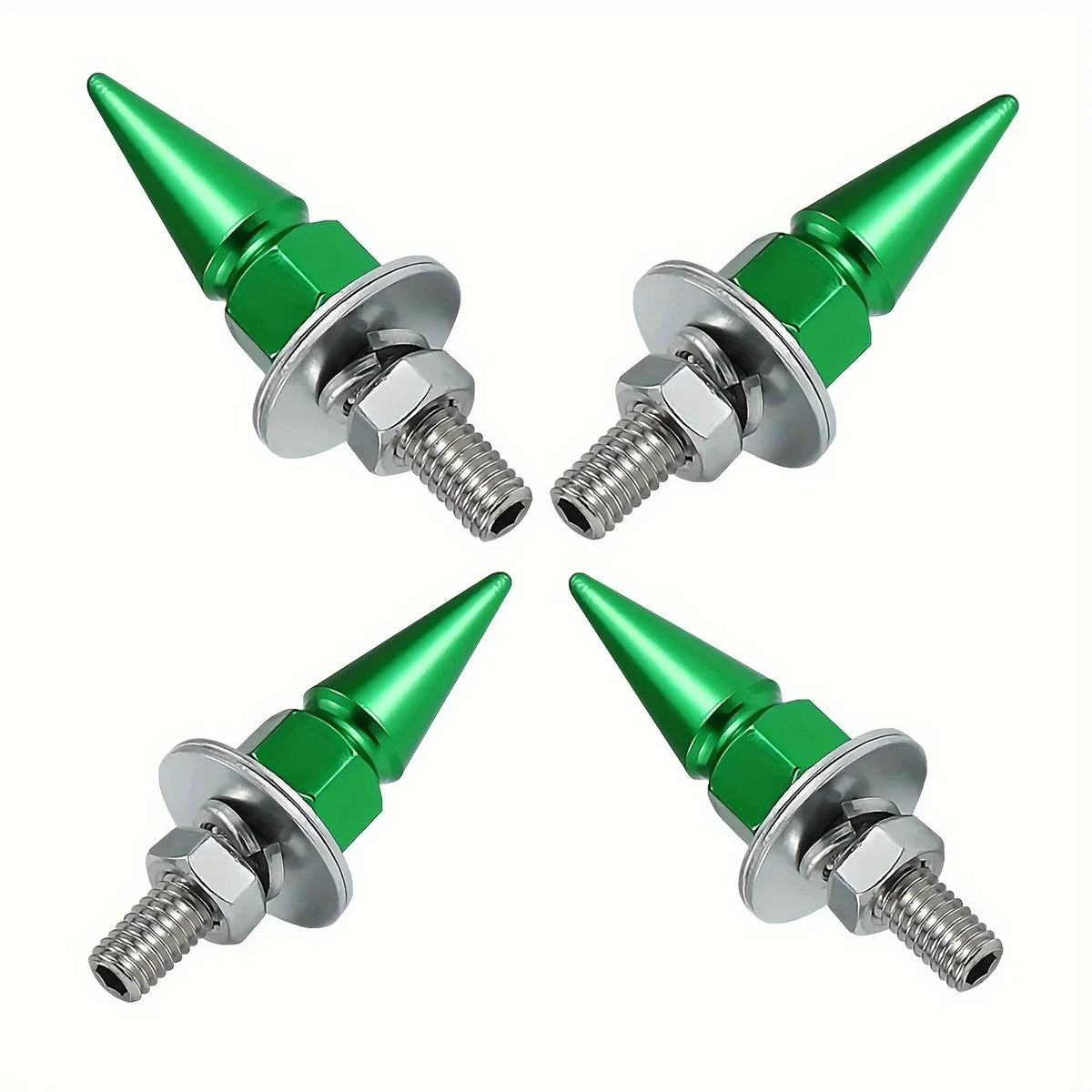 Four M6 license plate fixing screws with green and silver finishes shown from different angles.