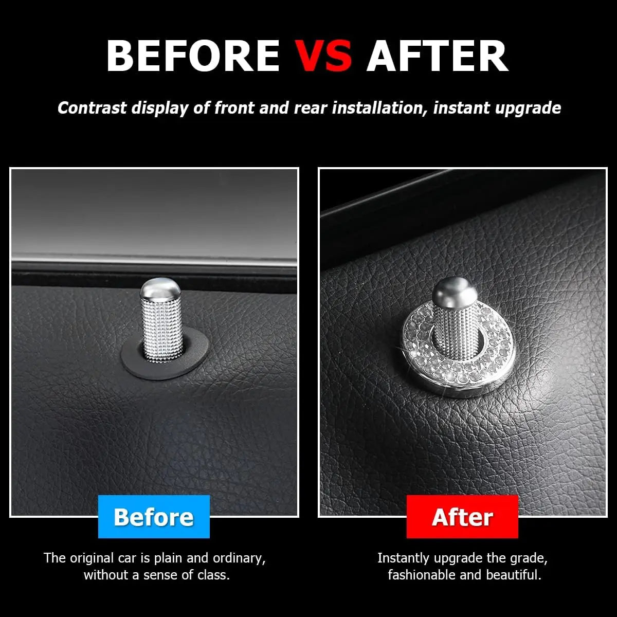 Before and after comparison showing a car door lock installation upgrade with rhinestones
