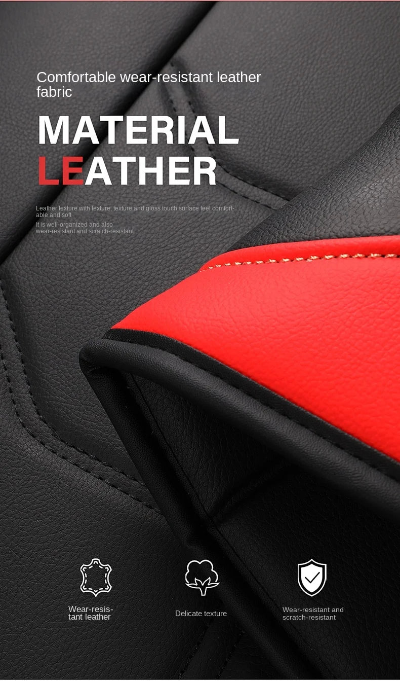Close-up of black and red PU leather material showing texture and stitching details.