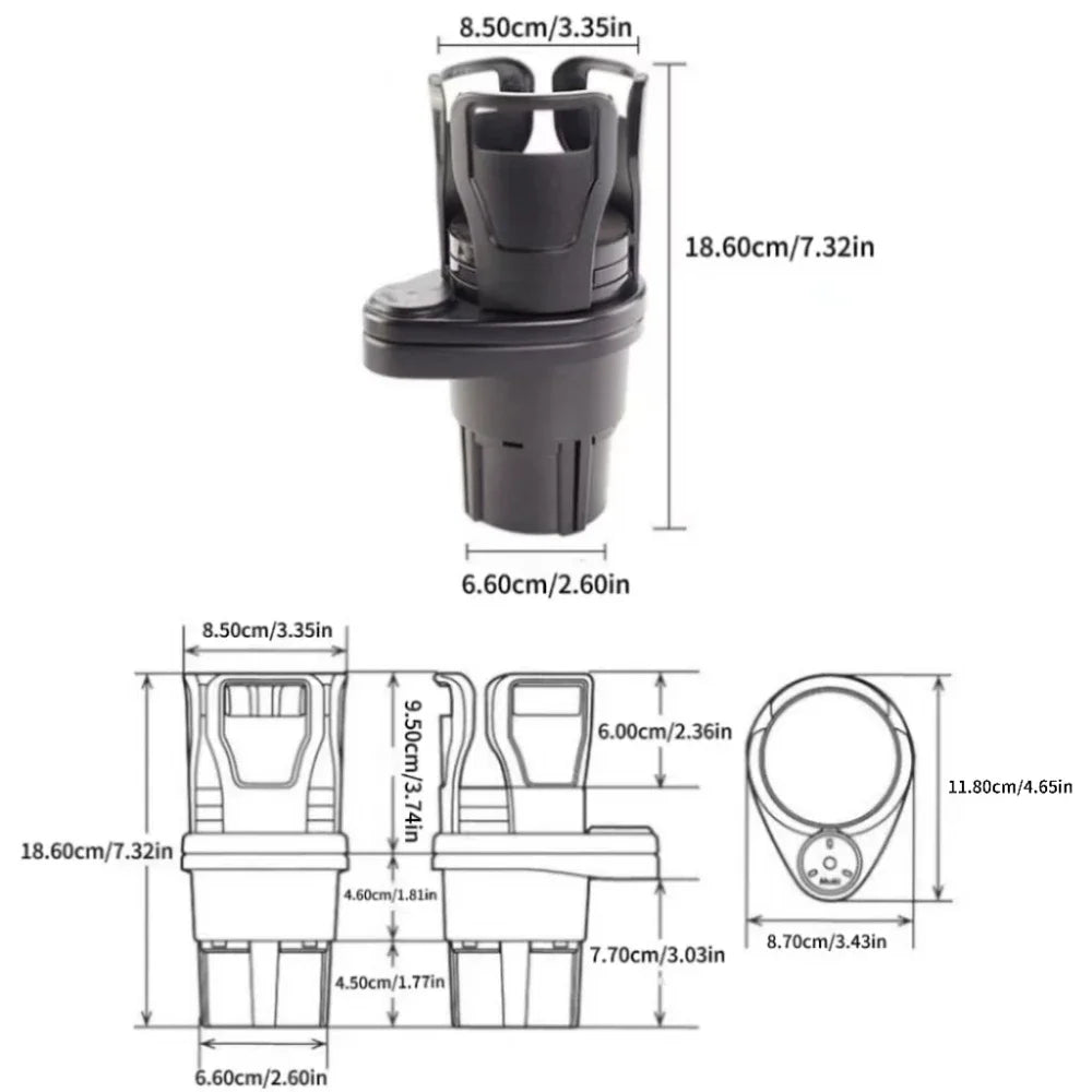 A black 2-in-1 adjustable car cup holder organizer with multiple sizes and attachments.