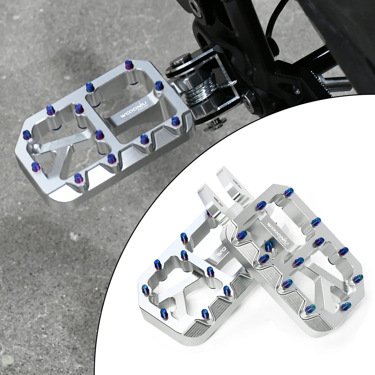 Silver replacement pegs with blue inserts for e-bike and motorcycle accessories
