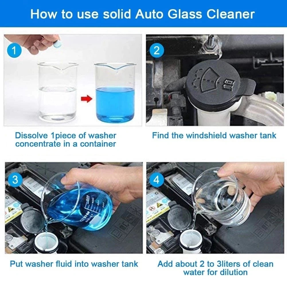 Instructions showing how to use a solid Auto Glass Cleaner by dissolving the concentrate and adding water to a washer tank.