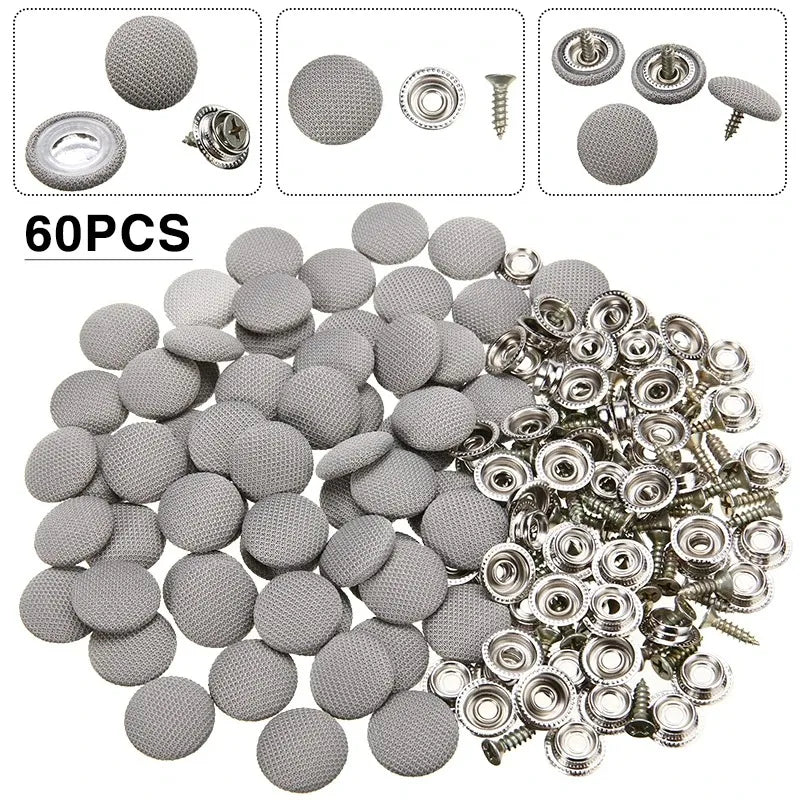 A collection of 60 small, round metal buckles and fasteners for car roof headliner repair with an anti-rust coating.