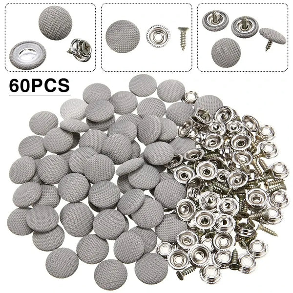 A collection of 60 small, round metal buckles and fasteners for car roof headliner repair with an anti-rust coating.