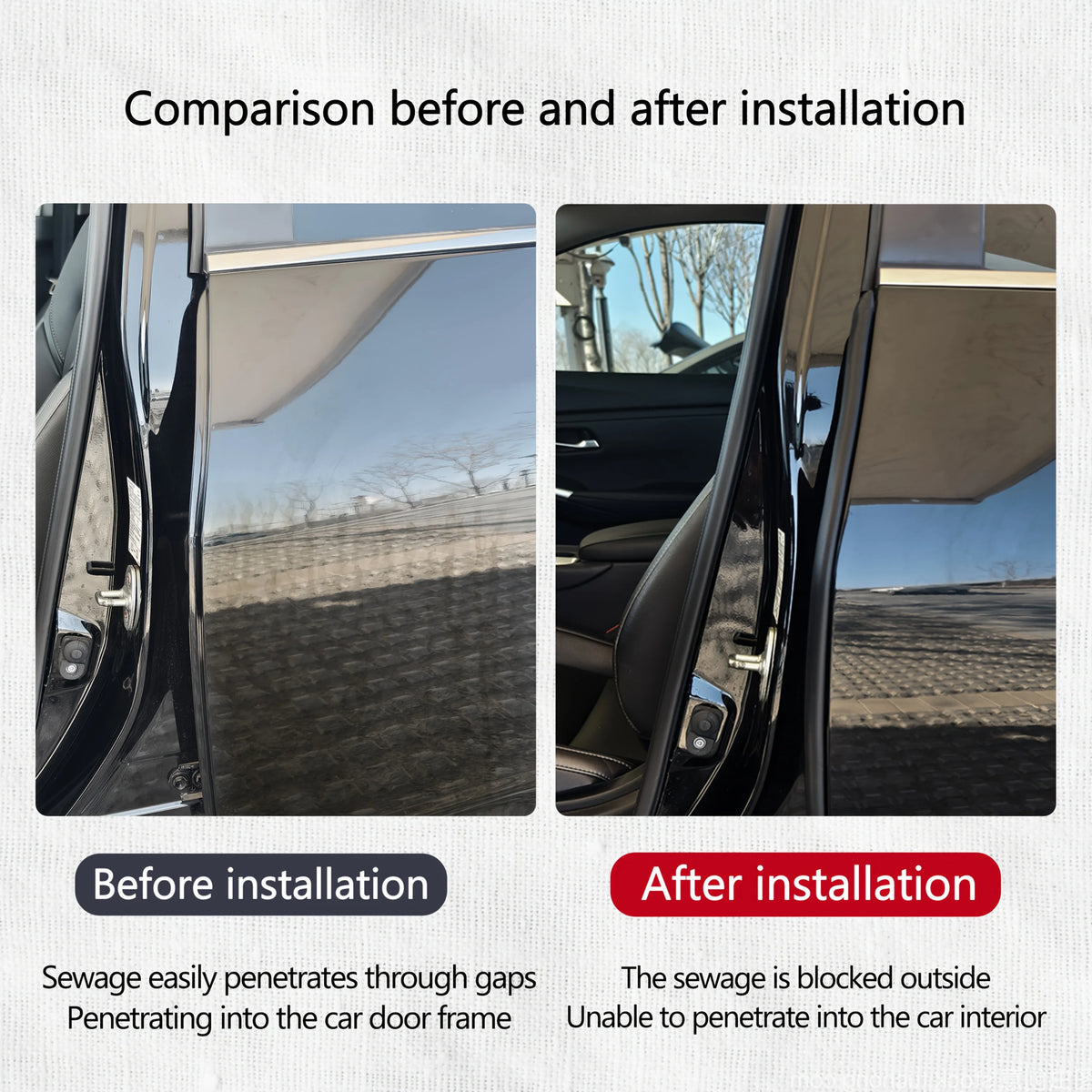 Comparison showing car door B-pillar sealing before and after installation for weatherproofing