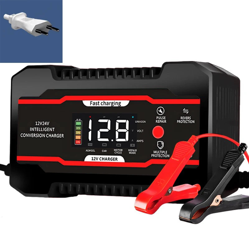 A black intelligent conversion fast charging battery charger with a red connector and power cable.