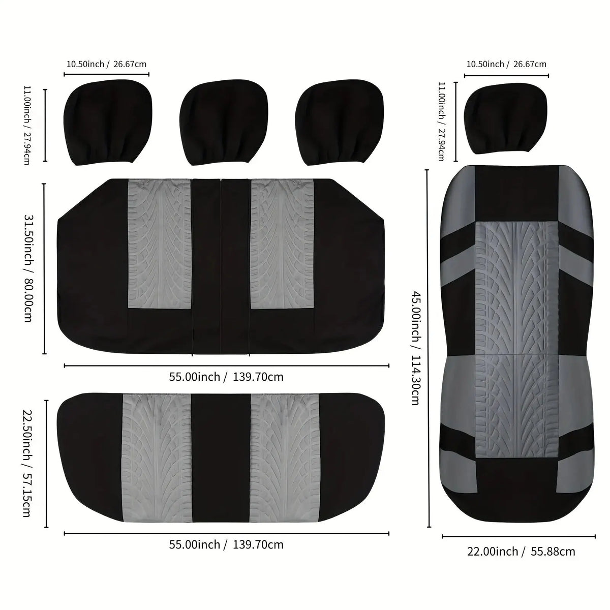 Black and gray universal car seat covers for front and rear bench seats shown in various layouts