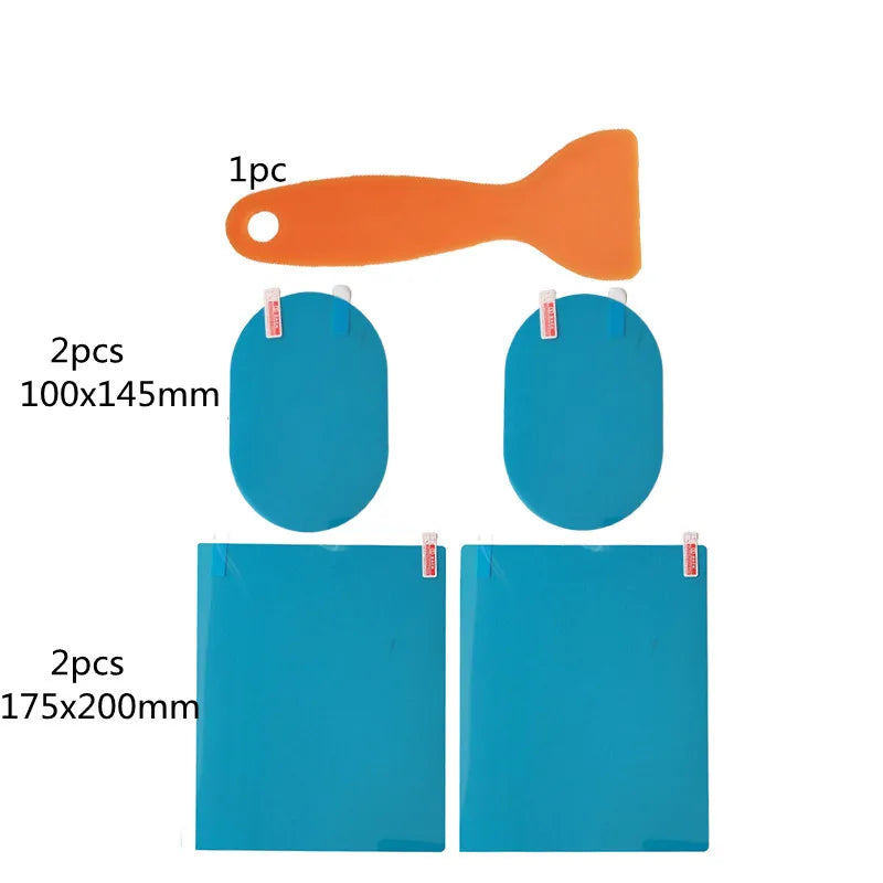 A set of car mirror protection film includes one orange applicator and four blue films in various sizes.
