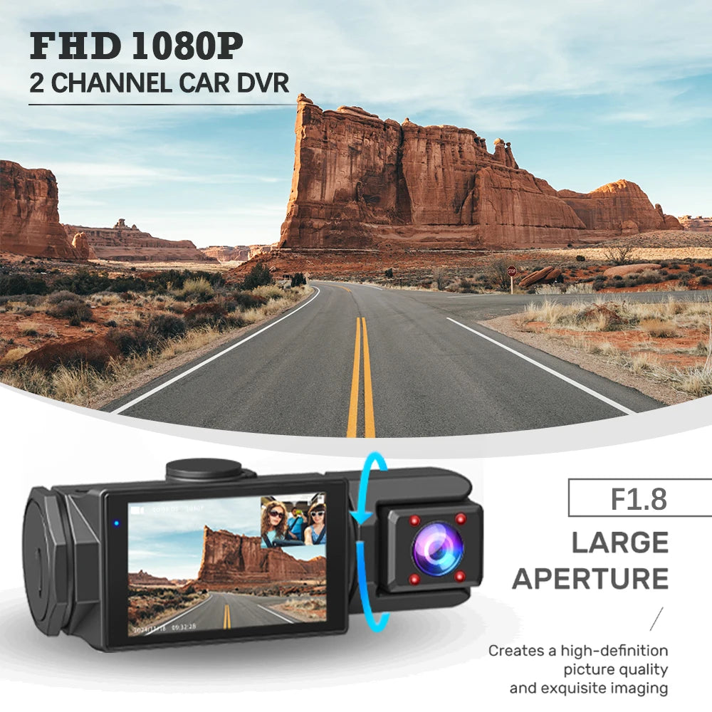 A black FHD 1080P car DVR camera is shown with a scenic desert landscape in the background.