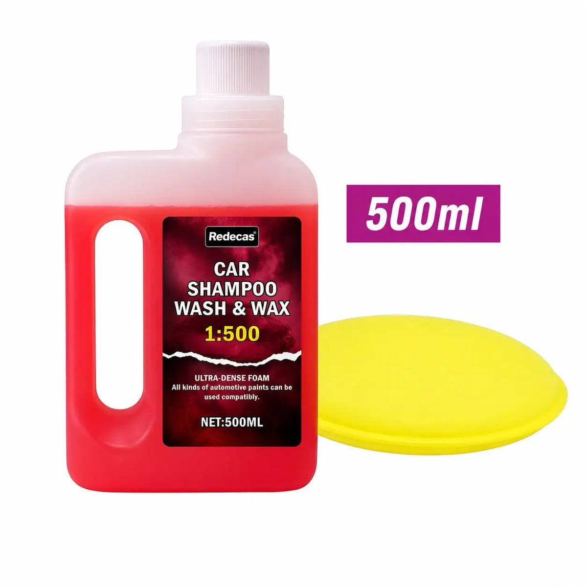 A red bottle of Redecas Car Shampoo Wash & Wax 500ml with a yellow cap and a yellow foam disc.