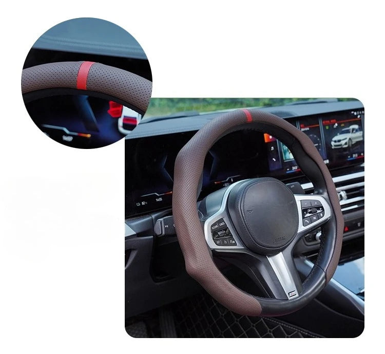 Close-up view of a brown steering wheel cover on a car's interior, showing the grip and leather texture.