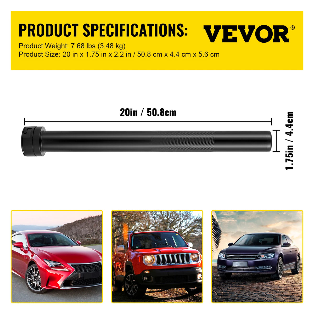 A black inner tie rod removal tool set with crowfoot adapters shown next to a red sports car and a dark SUV.