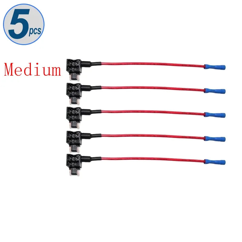 Five red electrical wires with connectors and blue insulation for an automotive fuse adapter splitter