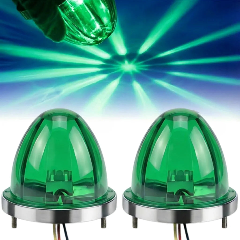 Two green watermelon LED marker lights with silver bases and electrical wires
