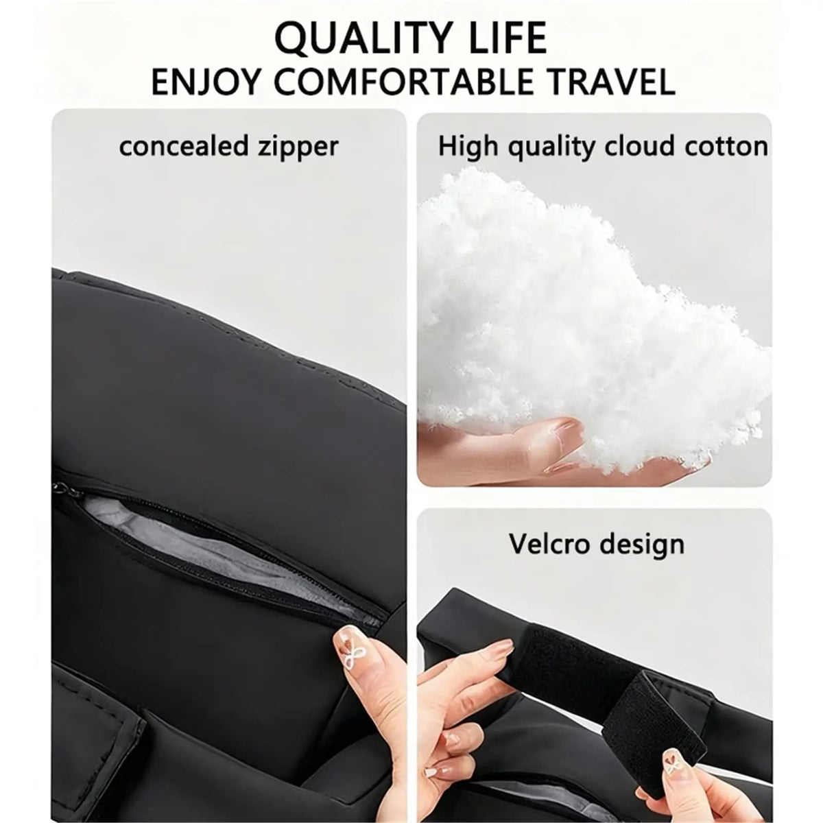 Nahaufnahme eines schwarzen Auto-Kopfstützkissen mit verstecktem Reißverschluss, Wollkoton und Velcro-Design