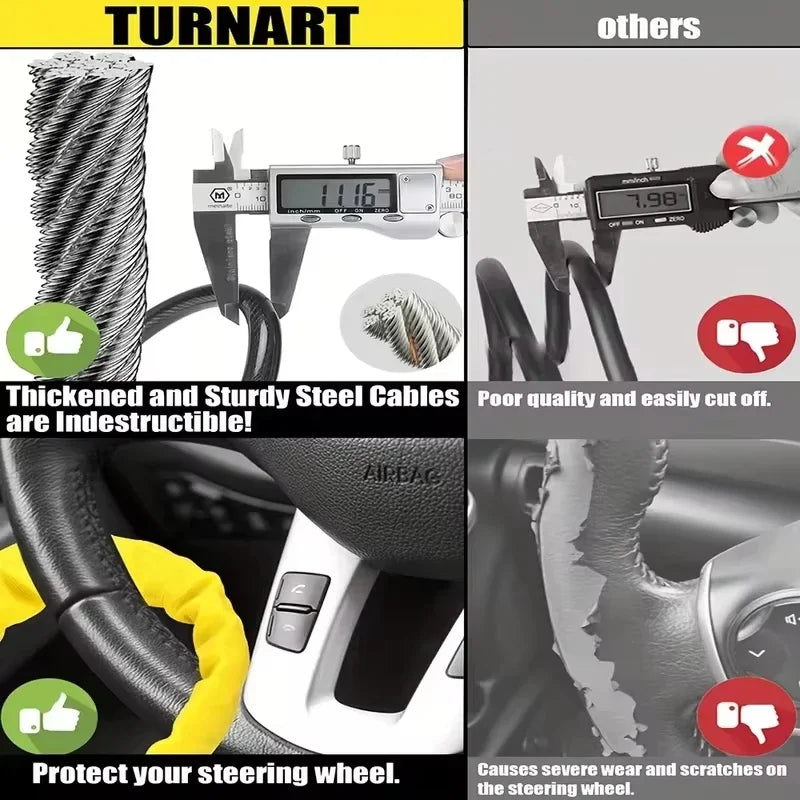 A close-up of a black anti-theft device designed to secure or lock a steering wheel.