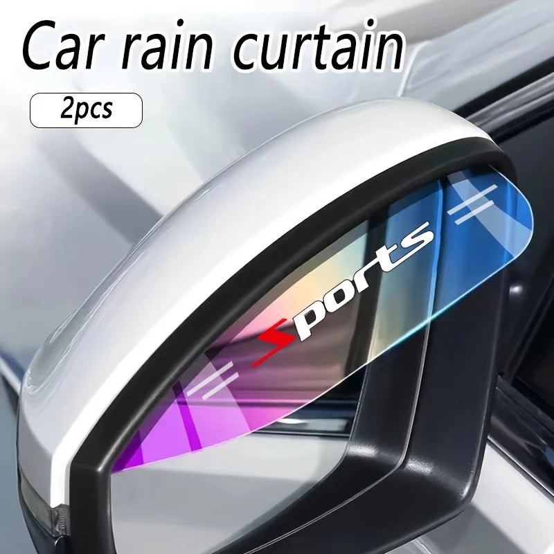 Two flexible rain curtains for a car rearview mirror, showing colorful light effects.